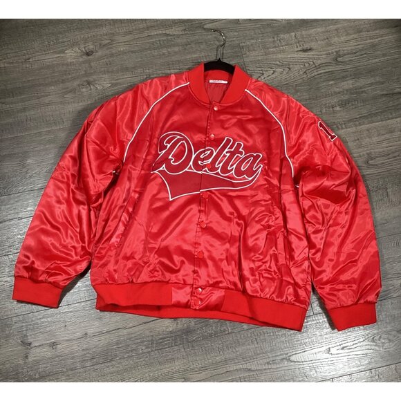 Delta Box 13 Unisex Red Satin Size XXL Bomber Jacket Embroidered Theta Sorority - Picture 1 of 10